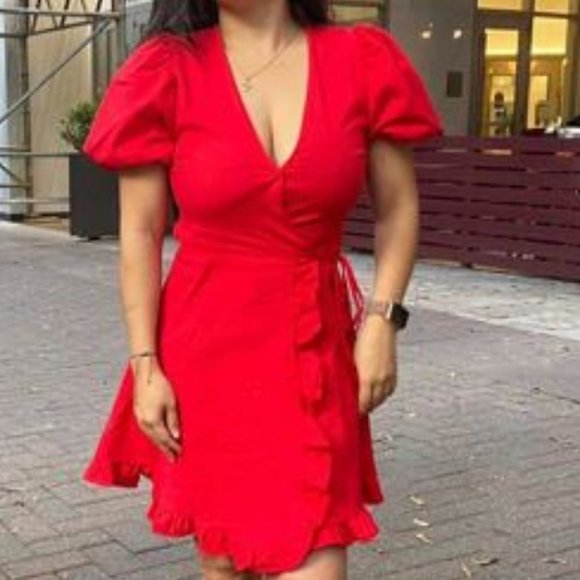 Lady in Red Puff Sleeved Ruffle Trim Wrap Dress - Picture 11 of 11